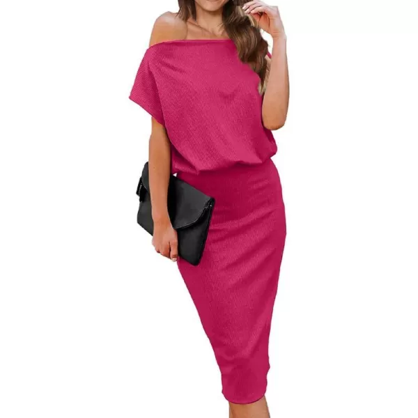 imageBTFBM Womens Casual Party Dresses 2023 Summer Spring Off The Shoulder Short Sleeve Slim Ribbed Knit Midi Bodycon DressSolid Rose Red