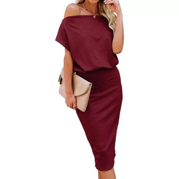 imageBTFBM Womens Casual Party Dresses 2023 Summer Spring Off The Shoulder Short Sleeve Slim Ribbed Knit Midi Bodycon DressSolid Wine Red