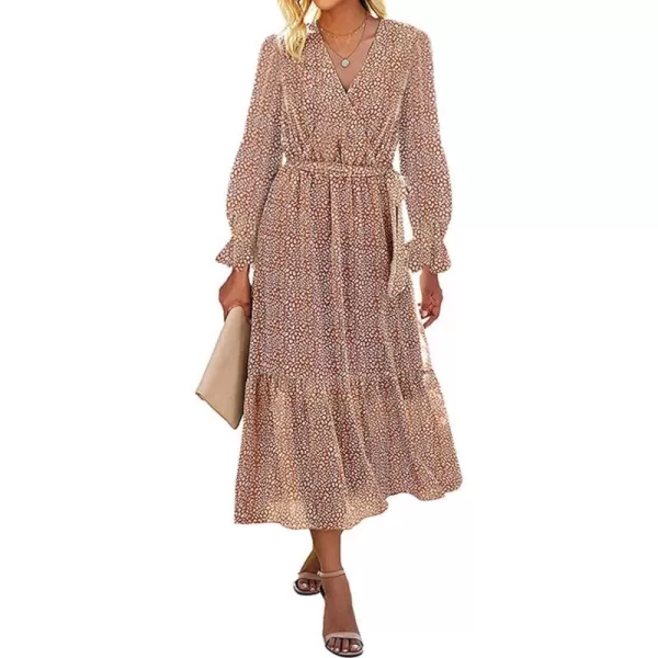imageBTFBM Womens Casual Party Summer Fall Dresses 2023 Long Sleeve Wrap V Neck Swiss Dot Swing ALine Maxi Dress with BeltCoffee