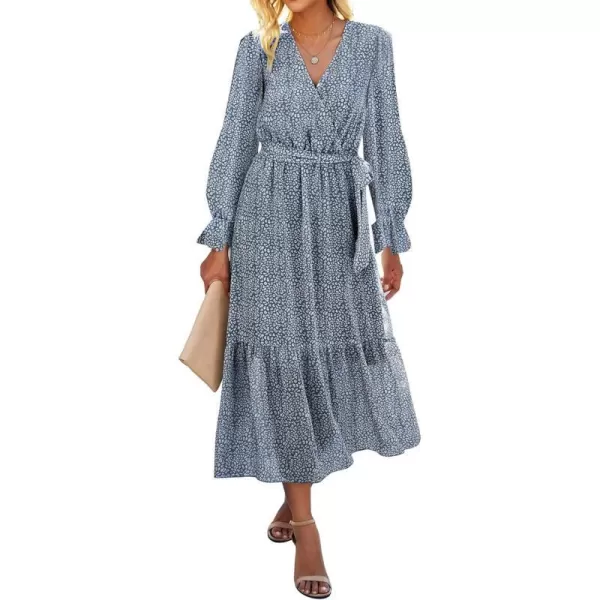 imageBTFBM Womens Casual Party Summer Fall Dresses 2023 Long Sleeve Wrap V Neck Swiss Dot Swing ALine Maxi Dress with BeltDark Blue