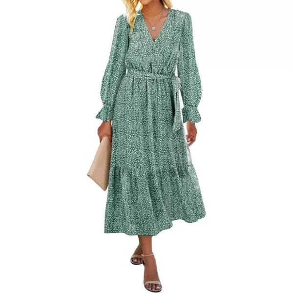 imageBTFBM Womens Casual Party Summer Fall Dresses 2023 Long Sleeve Wrap V Neck Swiss Dot Swing ALine Maxi Dress with BeltDark Green