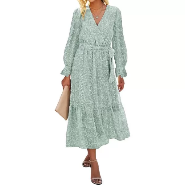 imageBTFBM Womens Casual Party Summer Fall Dresses 2023 Long Sleeve Wrap V Neck Swiss Dot Swing ALine Maxi Dress with BeltGreen