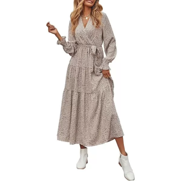 imageBTFBM Womens Casual Party Summer Fall Dresses 2023 Long Sleeve Wrap V Neck Swiss Dot Swing ALine Maxi Dress with BeltLeopard Small Apricot