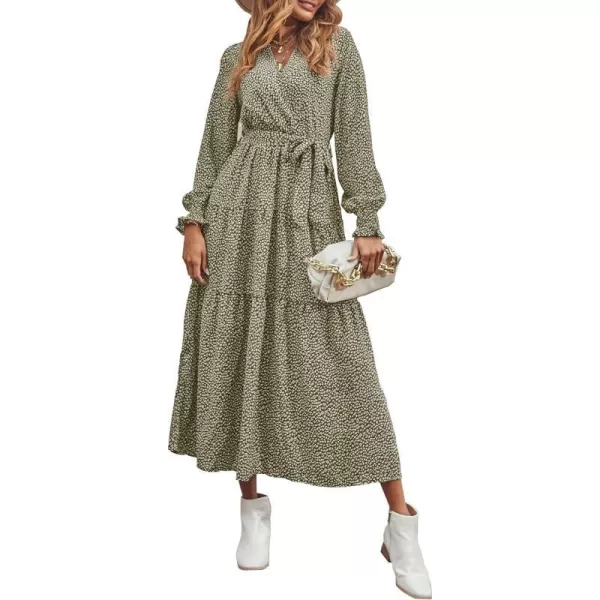 imageBTFBM Womens Casual Party Summer Fall Dresses 2023 Long Sleeve Wrap V Neck Swiss Dot Swing ALine Maxi Dress with BeltLeopard Small Green