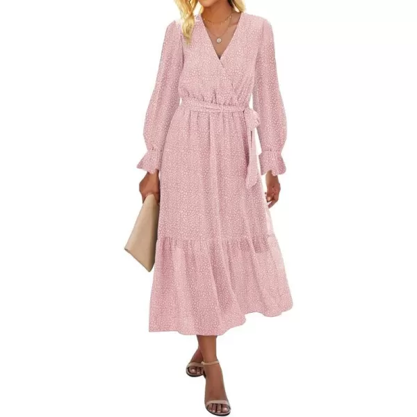 imageBTFBM Womens Casual Party Summer Fall Dresses 2023 Long Sleeve Wrap V Neck Swiss Dot Swing ALine Maxi Dress with BeltPink