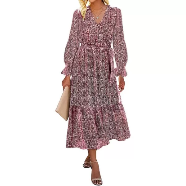 imageBTFBM Womens Casual Party Summer Fall Dresses 2023 Long Sleeve Wrap V Neck Swiss Dot Swing ALine Maxi Dress with BeltRed