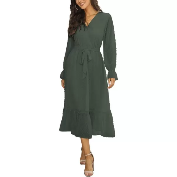 imageBTFBM Womens Casual Party Summer Fall Dresses 2023 Long Sleeve Wrap V Neck Swiss Dot Swing ALine Maxi Dress with BeltSwiss Dot Army Green
