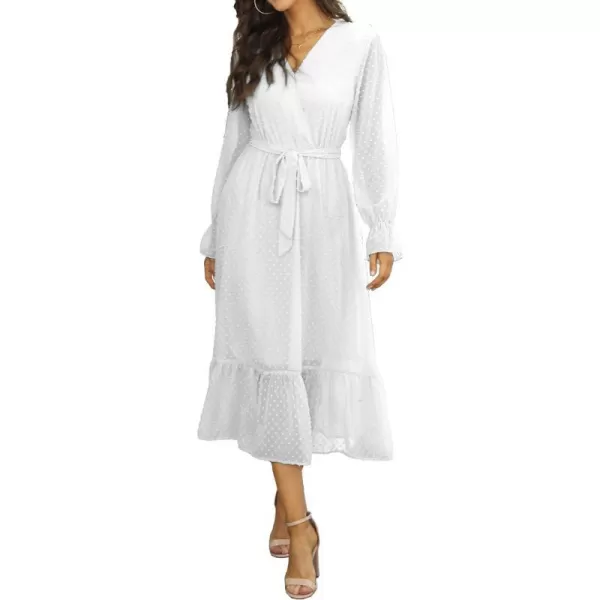 imageBTFBM Womens Casual Party Summer Fall Dresses 2023 Long Sleeve Wrap V Neck Swiss Dot Swing ALine Maxi Dress with BeltSwiss Dot Beige White