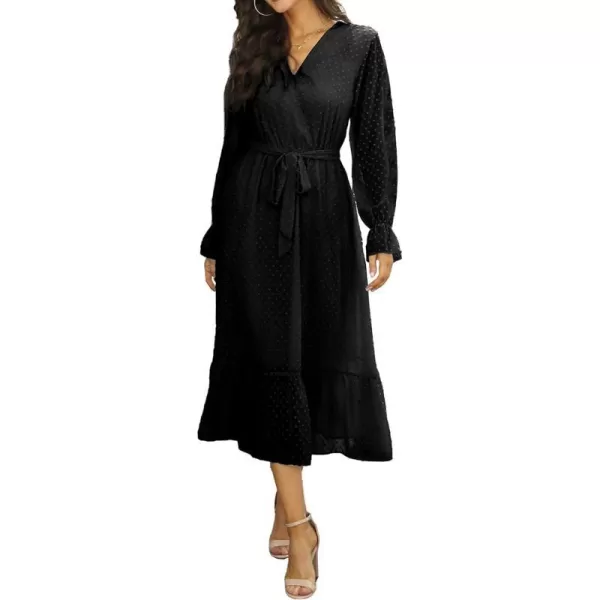 imageBTFBM Womens Casual Party Summer Fall Dresses 2023 Long Sleeve Wrap V Neck Swiss Dot Swing ALine Maxi Dress with BeltSwiss Dot Black