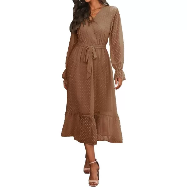 imageBTFBM Womens Casual Party Summer Fall Dresses 2023 Long Sleeve Wrap V Neck Swiss Dot Swing ALine Maxi Dress with BeltSwiss Dot Brown