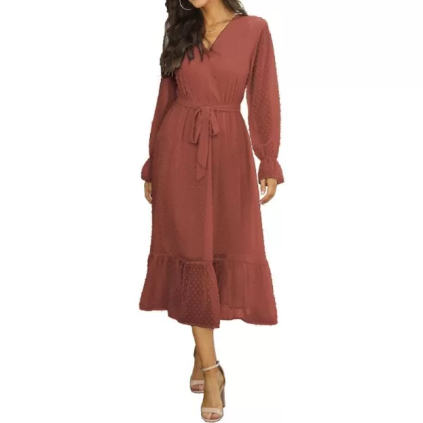 imageBTFBM Womens Casual Party Summer Fall Dresses 2023 Long Sleeve Wrap V Neck Swiss Dot Swing ALine Maxi Dress with BeltSwiss Dot Brown Red