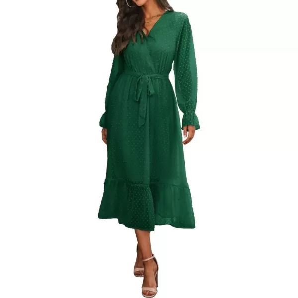 imageBTFBM Womens Casual Party Summer Fall Dresses 2023 Long Sleeve Wrap V Neck Swiss Dot Swing ALine Maxi Dress with BeltSwiss Dot Dark Green