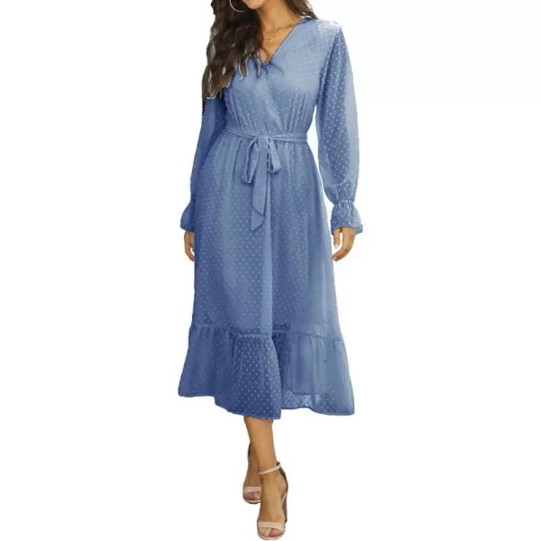 imageBTFBM Womens Casual Party Summer Fall Dresses 2023 Long Sleeve Wrap V Neck Swiss Dot Swing ALine Maxi Dress with BeltSwiss Dot Grey Blue