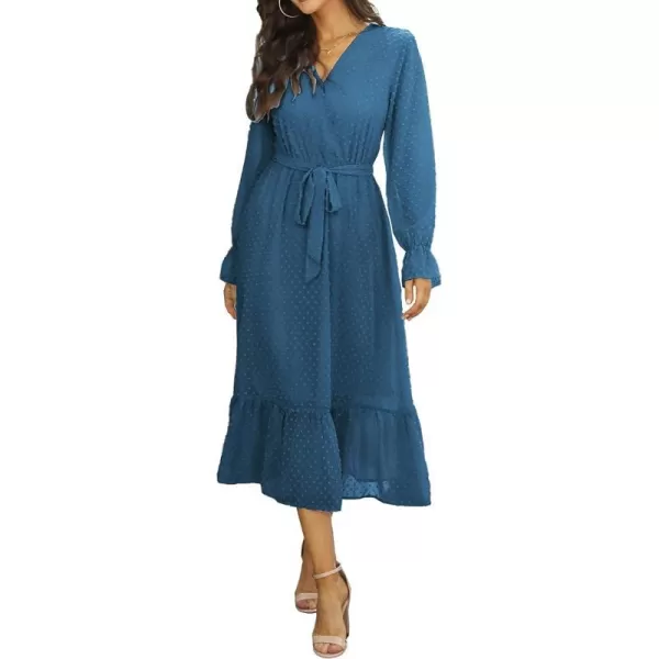 imageBTFBM Womens Casual Party Summer Fall Dresses 2023 Long Sleeve Wrap V Neck Swiss Dot Swing ALine Maxi Dress with BeltSwiss Dot Lake Blue