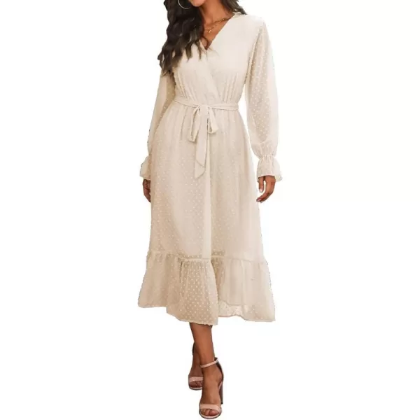 imageBTFBM Womens Casual Party Summer Fall Dresses 2023 Long Sleeve Wrap V Neck Swiss Dot Swing ALine Maxi Dress with BeltSwiss Dot Light Apricot