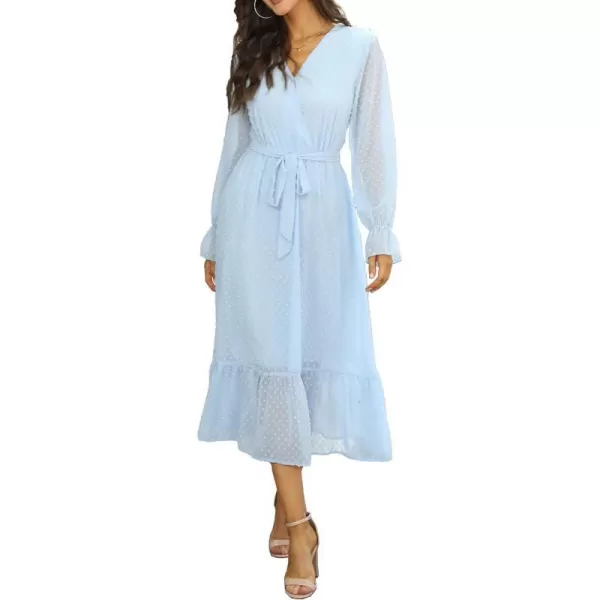 imageBTFBM Womens Casual Party Summer Fall Dresses 2023 Long Sleeve Wrap V Neck Swiss Dot Swing ALine Maxi Dress with BeltSwiss Dot Light Blue