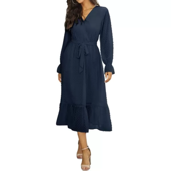 imageBTFBM Womens Casual Party Summer Fall Dresses 2023 Long Sleeve Wrap V Neck Swiss Dot Swing ALine Maxi Dress with BeltSwiss Dot Navy