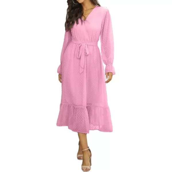 imageBTFBM Womens Casual Party Summer Fall Dresses 2023 Long Sleeve Wrap V Neck Swiss Dot Swing ALine Maxi Dress with BeltSwiss Dot Rose Pink