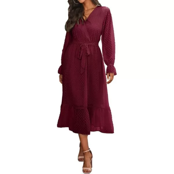 imageBTFBM Womens Casual Party Summer Fall Dresses 2023 Long Sleeve Wrap V Neck Swiss Dot Swing ALine Maxi Dress with BeltSwiss Dot Wine Red
