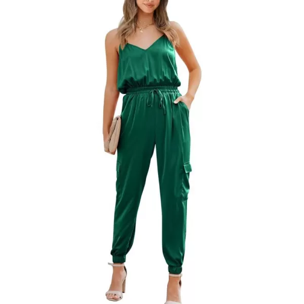 imageBTFBM Womens Casual Sleeveless Adjustable Spaghetti Strap Jumpsuits Summer One Piece Outfits Satin Long Pants RompersSolid Dark Green