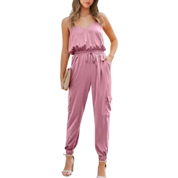 imageBTFBM Womens Casual Sleeveless Adjustable Spaghetti Strap Jumpsuits Summer One Piece Outfits Satin Long Pants RompersSolid Pink