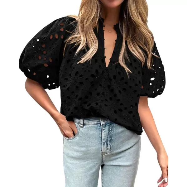 imageBTFBM Womens Casual Summer Blouse Tops Hollow Out Eyelet Embroidery V Neck Buttons Puff Short Sleeve Dressy Boho ShirtSolid Black