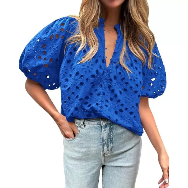imageBTFBM Womens Casual Summer Blouse Tops Hollow Out Eyelet Embroidery V Neck Buttons Puff Short Sleeve Dressy Boho ShirtSolid Blue
