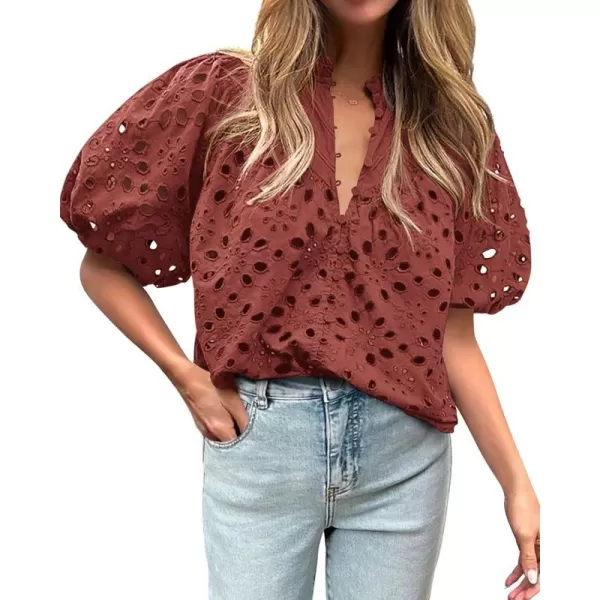 imageBTFBM Womens Casual Summer Blouse Tops Hollow Out Eyelet Embroidery V Neck Buttons Puff Short Sleeve Dressy Boho ShirtSolid Brown Red
