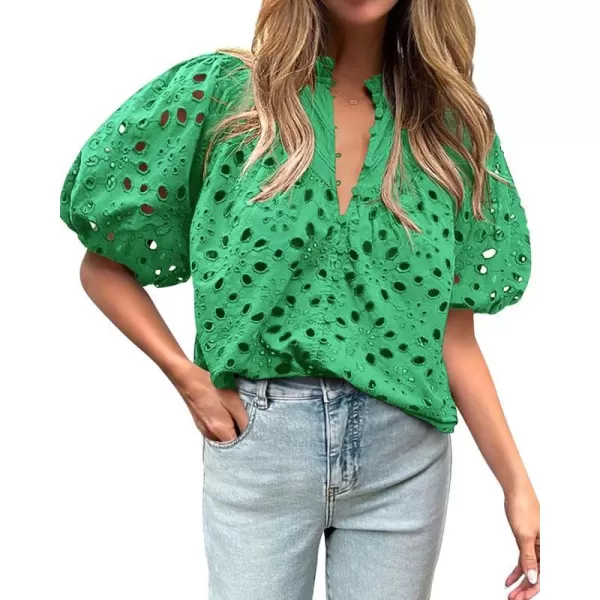 imageBTFBM Womens Casual Summer Blouse Tops Hollow Out Eyelet Embroidery V Neck Buttons Puff Short Sleeve Dressy Boho ShirtSolid Green
