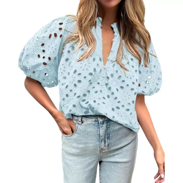 imageBTFBM Womens Casual Summer Blouse Tops Hollow Out Eyelet Embroidery V Neck Buttons Puff Short Sleeve Dressy Boho ShirtSolid Light Blue