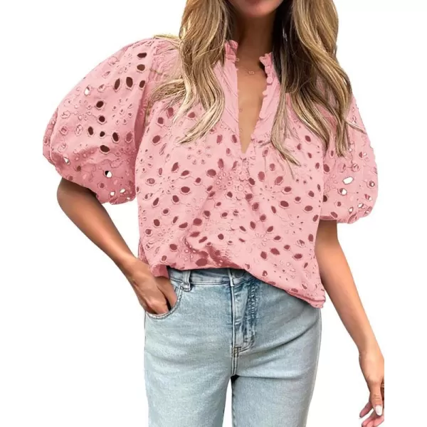imageBTFBM Womens Casual Summer Blouse Tops Hollow Out Eyelet Embroidery V Neck Buttons Puff Short Sleeve Dressy Boho ShirtSolid Pink