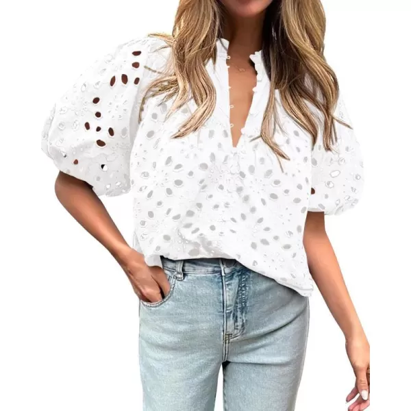imageBTFBM Womens Casual Summer Blouse Tops Hollow Out Eyelet Embroidery V Neck Buttons Puff Short Sleeve Dressy Boho ShirtSolid White