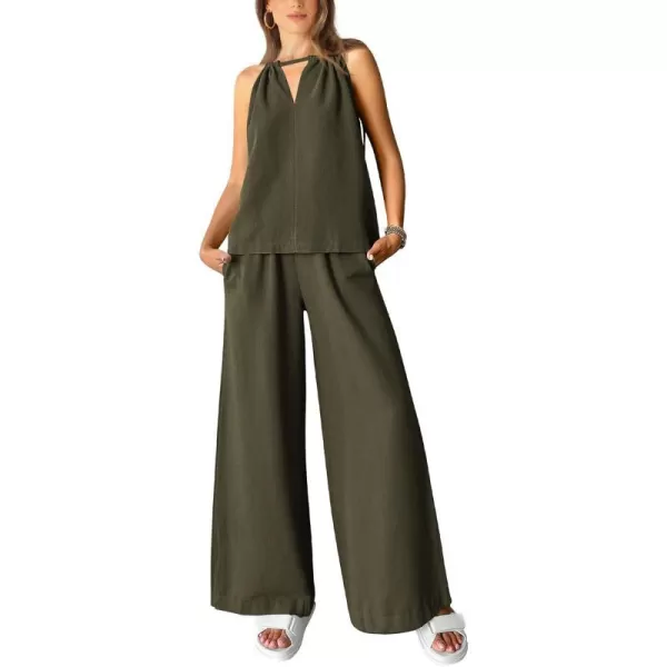 imageBTFBM Womens Casual Summer Two Piece Outfits Cotton Linen Sets Cutout Halter Sleeveless Top Wide Leg Pants Matching SetSolid Army Green
