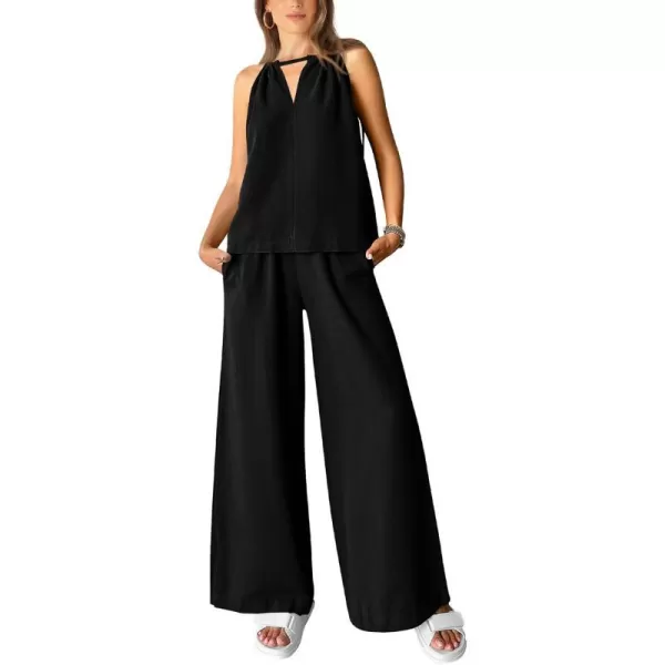 imageBTFBM Womens Casual Summer Two Piece Outfits Cotton Linen Sets Cutout Halter Sleeveless Top Wide Leg Pants Matching SetSolid Black