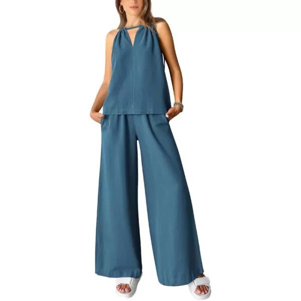 imageBTFBM Womens Casual Summer Two Piece Outfits Cotton Linen Sets Cutout Halter Sleeveless Top Wide Leg Pants Matching SetSolid Grey Blue