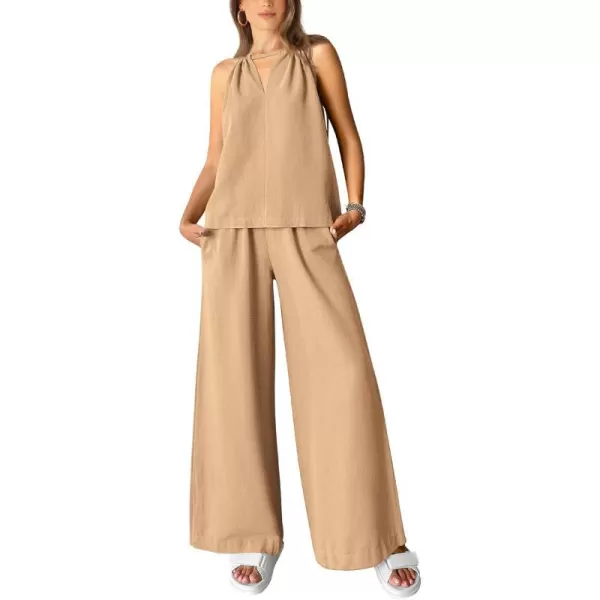 imageBTFBM Womens Casual Summer Two Piece Outfits Cotton Linen Sets Cutout Halter Sleeveless Top Wide Leg Pants Matching SetSolid Khaki
