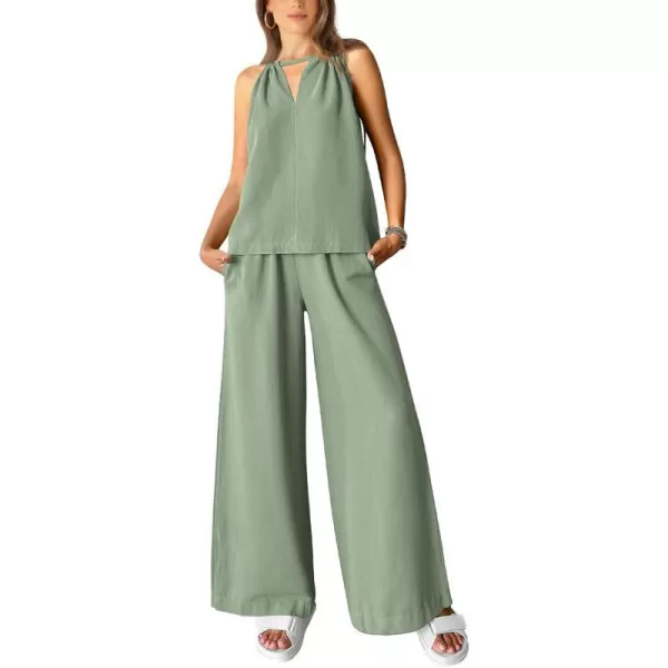 imageBTFBM Womens Casual Summer Two Piece Outfits Cotton Linen Sets Cutout Halter Sleeveless Top Wide Leg Pants Matching SetSolid Light Green
