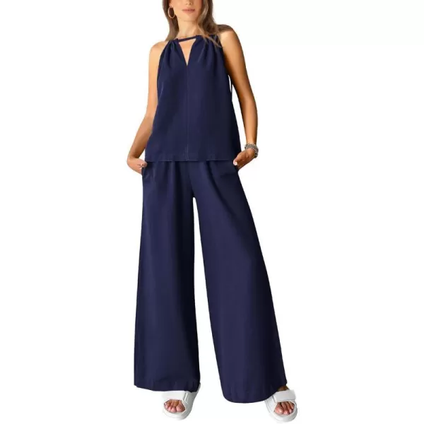 imageBTFBM Womens Casual Summer Two Piece Outfits Cotton Linen Sets Cutout Halter Sleeveless Top Wide Leg Pants Matching SetSolid Navy