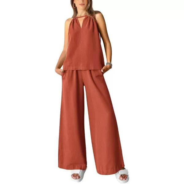 imageBTFBM Womens Casual Summer Two Piece Outfits Cotton Linen Sets Cutout Halter Sleeveless Top Wide Leg Pants Matching SetSolid Rust Red