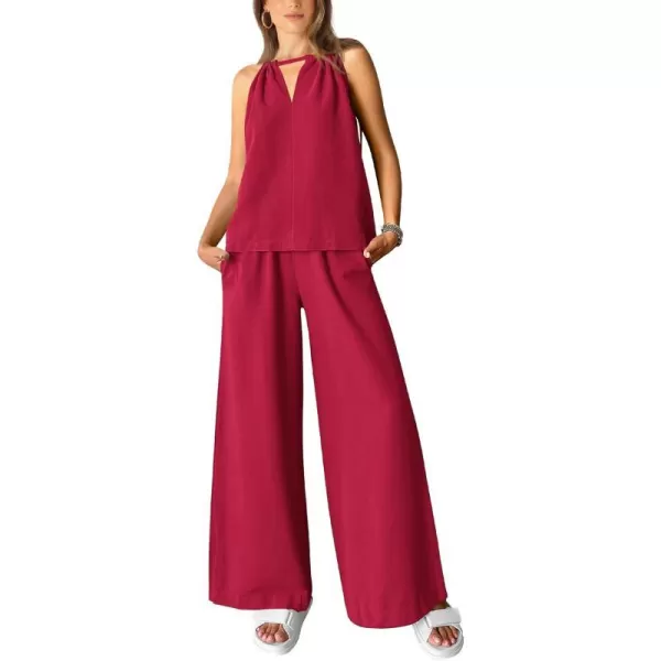 imageBTFBM Womens Casual Summer Two Piece Outfits Cotton Linen Sets Cutout Halter Sleeveless Top Wide Leg Pants Matching SetSolid Wine Red