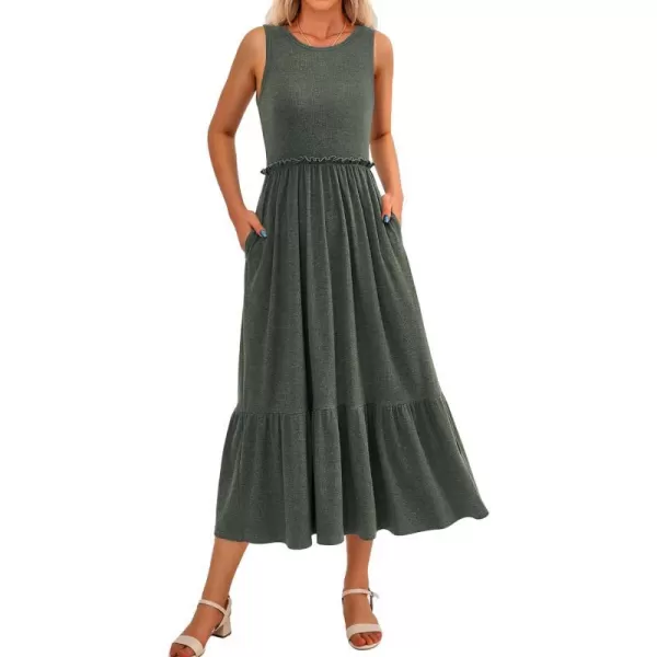 imageBTFBM Womens Casual Tank Dress Crewneck Boho Summer Sleeveless Sundress Ruffle Tiered Cocktail Midi Dresses with PocketsSolid Army Green