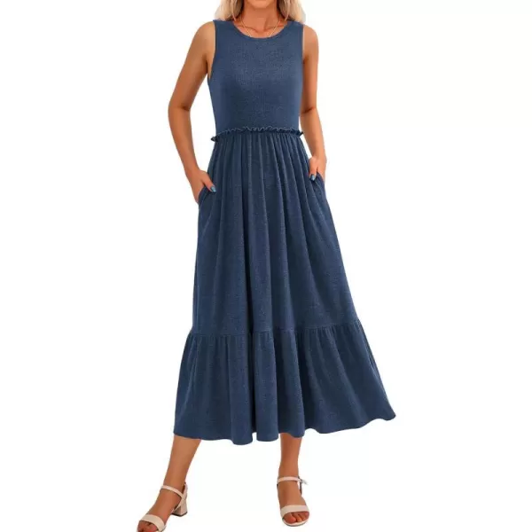 imageBTFBM Womens Casual Tank Dress Crewneck Boho Summer Sleeveless Sundress Ruffle Tiered Cocktail Midi Dresses with PocketsSolid Blue