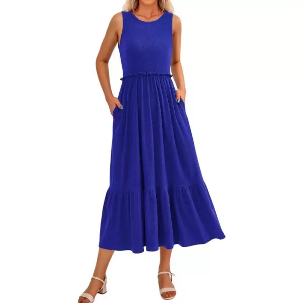 imageBTFBM Womens Casual Tank Dress Crewneck Boho Summer Sleeveless Sundress Ruffle Tiered Cocktail Midi Dresses with PocketsSolid Royal Blue