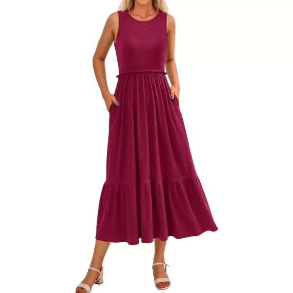 imageBTFBM Womens Casual Tank Dress Crewneck Boho Summer Sleeveless Sundress Ruffle Tiered Cocktail Midi Dresses with PocketsSolid Wine Red