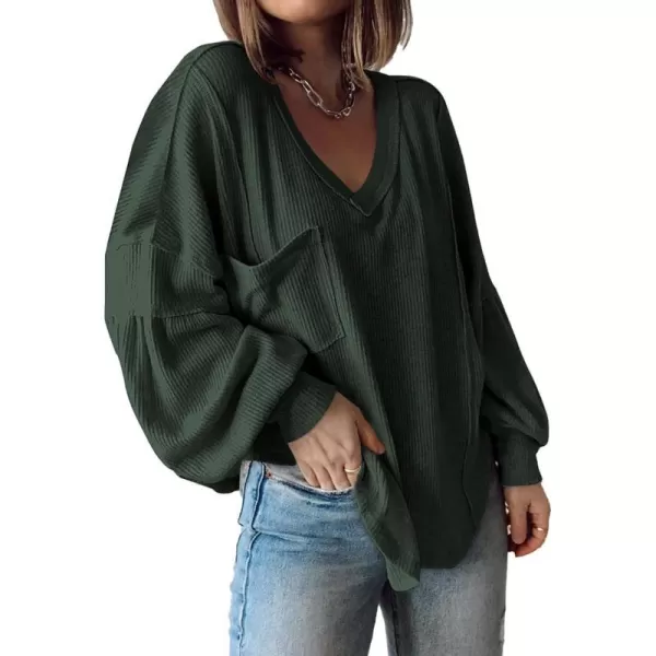 imageBTFBM Womens Casual V Neck Ribbed Knitted Shirts Pullover Tunic Tops Loose Balloon Sleeve Solid Color Blouses TopSolid Dark Army Green