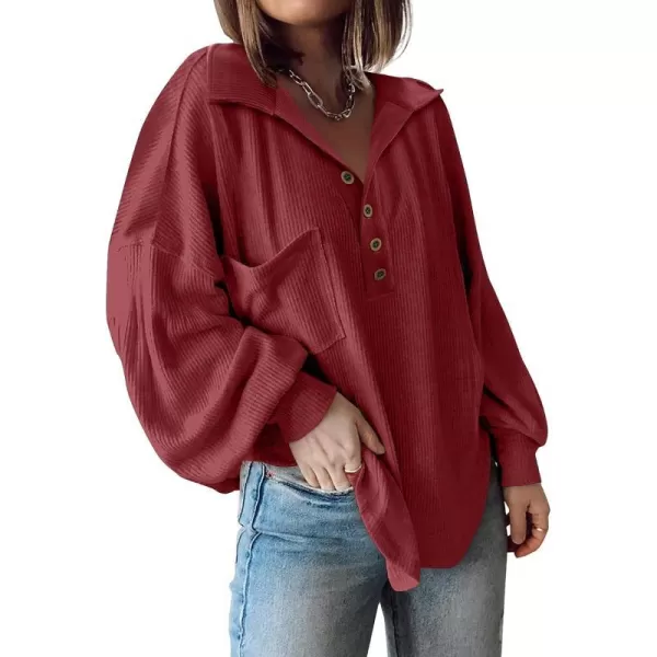 imageBTFBM Womens Casual V Neck Ribbed Knitted Shirts Pullover Tunic Tops Loose Balloon Sleeve Solid Color Blouses TopTurndown Wine Red