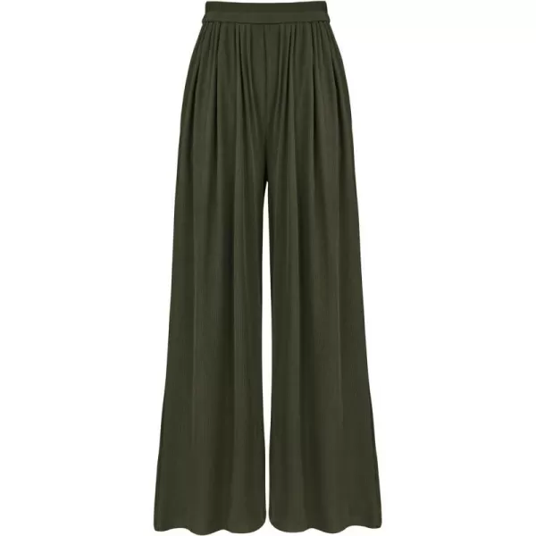 imageBTFBM Womens Casual Wide Leg Pants Spring Summer Clothes Pleated Elastic Waist Loose Palazzo Knit Trousers with PocketsSolid Army Green