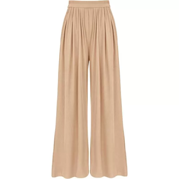 imageBTFBM Womens Casual Wide Leg Pants Spring Summer Clothes Pleated Elastic Waist Loose Palazzo Knit Trousers with PocketsSolid Beige