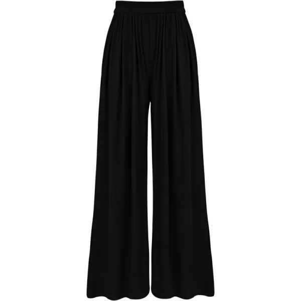 imageBTFBM Womens Casual Wide Leg Pants Spring Summer Clothes Pleated Elastic Waist Loose Palazzo Knit Trousers with PocketsSolid Black
