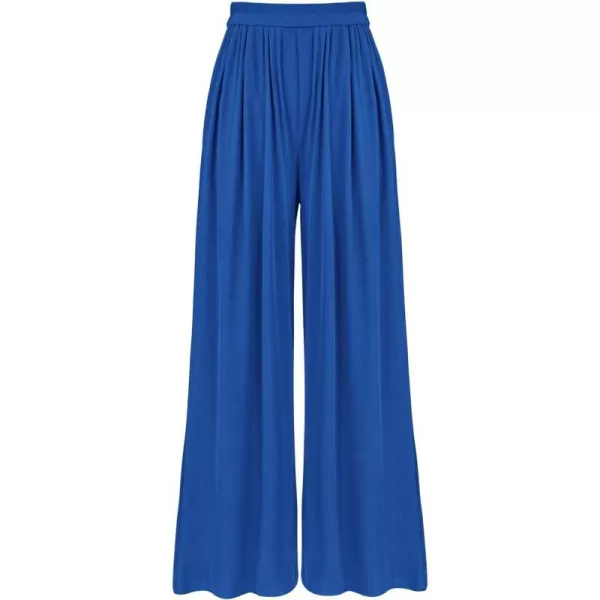 imageBTFBM Womens Casual Wide Leg Pants Spring Summer Clothes Pleated Elastic Waist Loose Palazzo Knit Trousers with PocketsSolid Blue